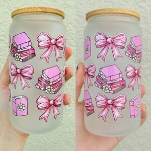 Pink Bow and Book Design Frosted Glass Cup